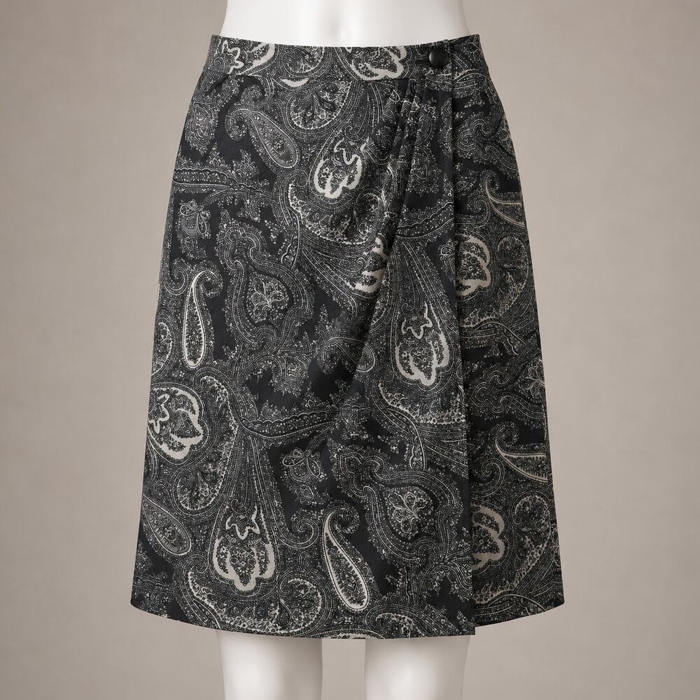 Vintage Talbots Paisley Wrap Skirt Gray Black Wool Blend Women’s Size 6